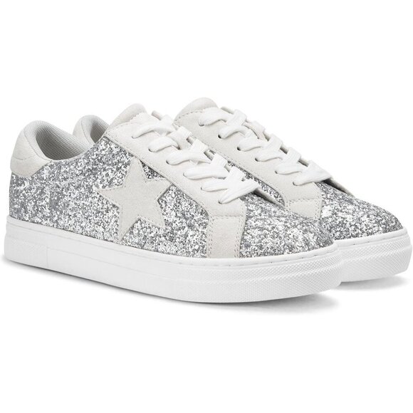 Shoes - Womens Silver Rhinestone Glitter Star Low Top Comfortable Walking Sneakers Shoes
